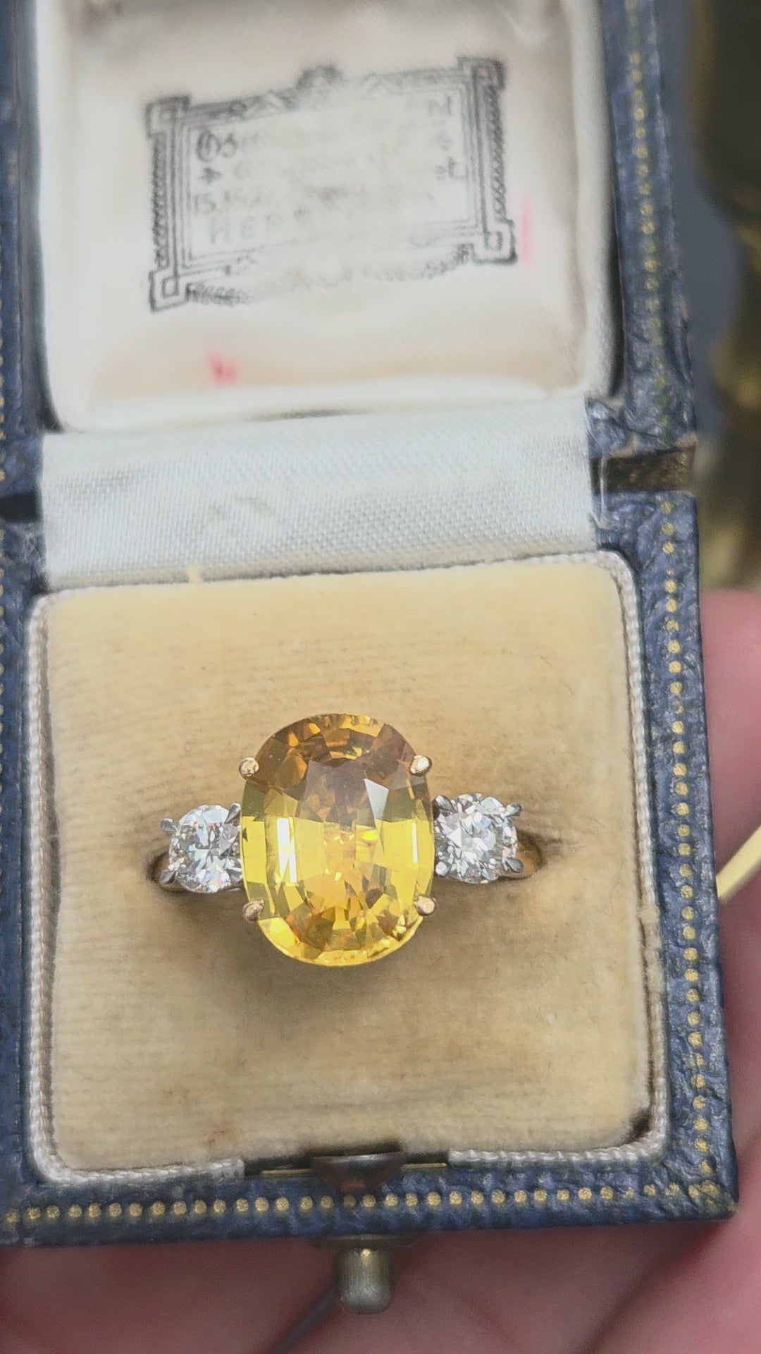 Oval Yellow Sapphire and Diamond Three Stone Engagement Ring