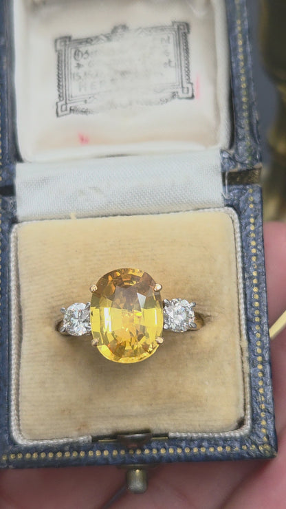 Oval Yellow Sapphire and Diamond Three Stone Engagement Ring