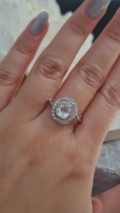 Antique 1.50ct Cushion Diamond Halo Cluster Engagement Ring