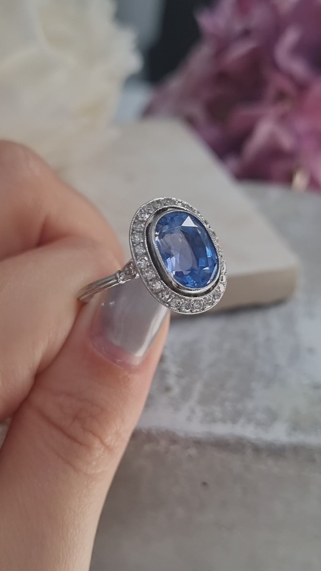 Vintage Art Deco 6ct Ceylon Sapphire and Diamond Cluster Ring