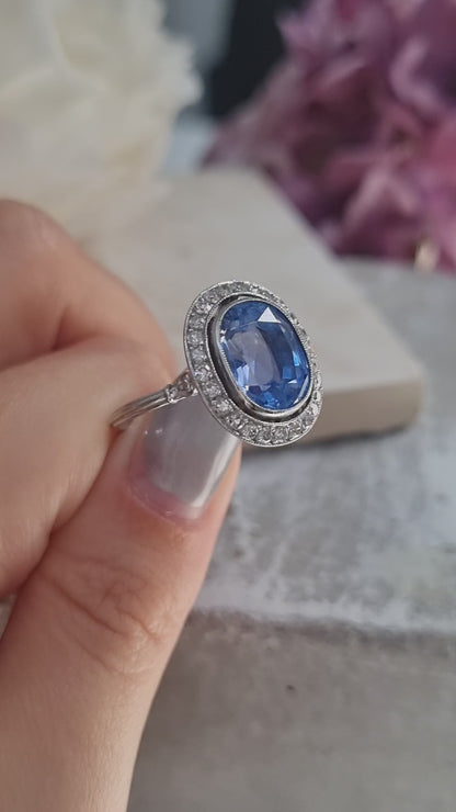 Vintage Art Deco 6ct Ceylon Sapphire and Diamond Cluster Ring