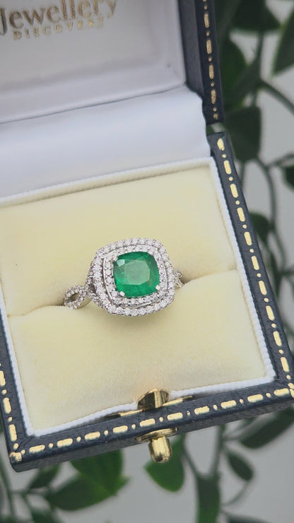 1.04ct Emerald and Diamond Double Halo Cluster Engagement Ring