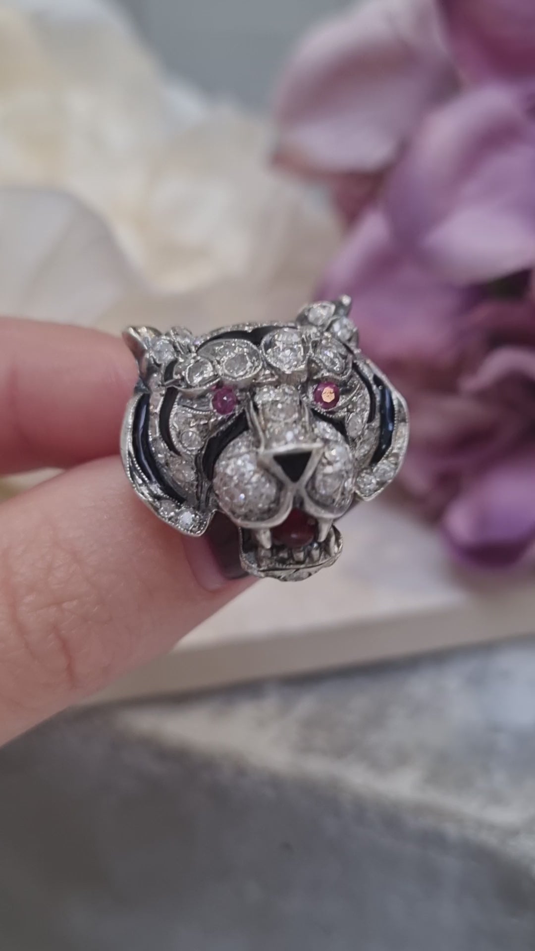 Antique Diamond and Black Enamel Tiger Brooch