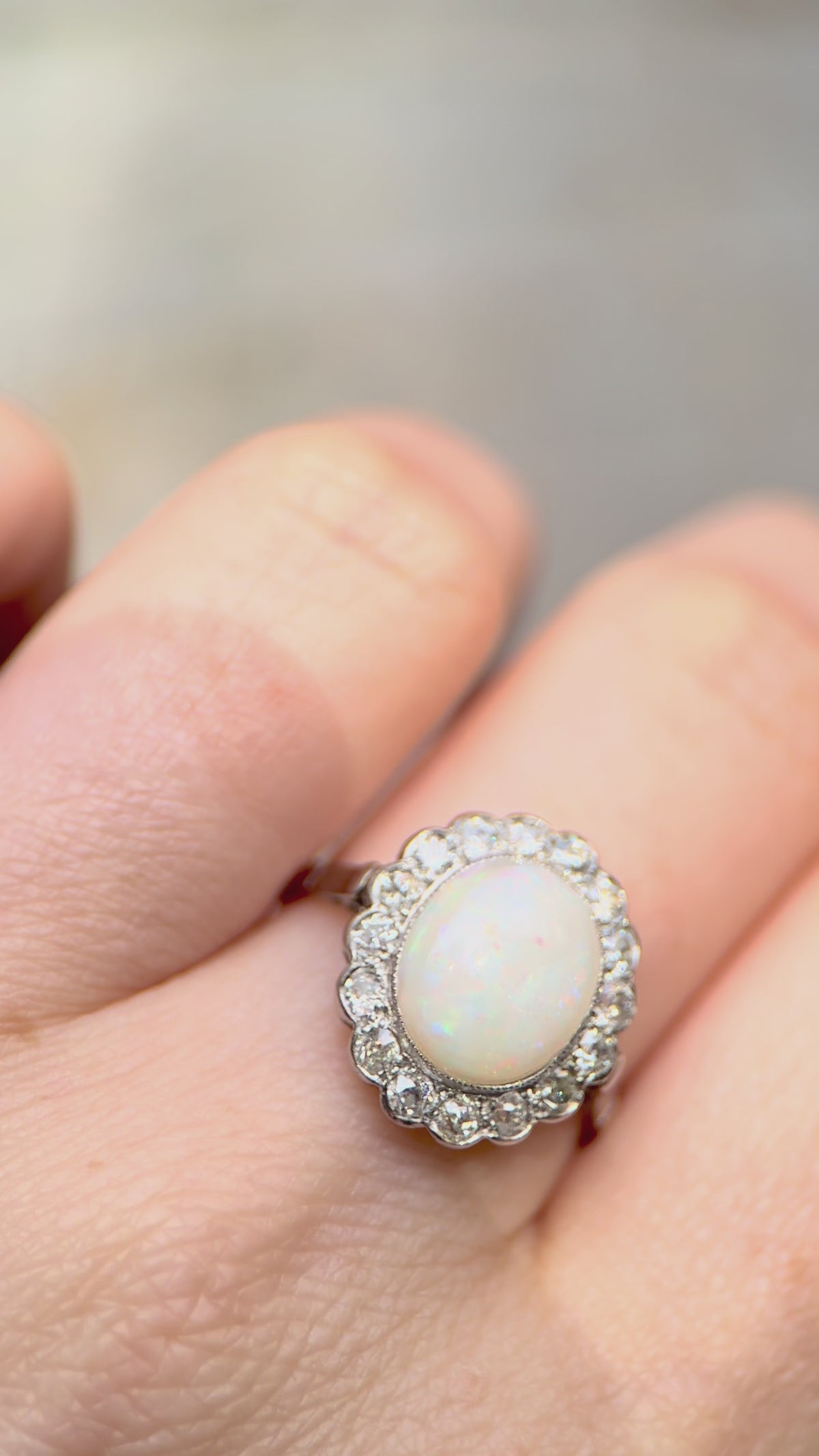 Vintage 2.50 Carat Opal And Old Cut Diamond Engagement Ring In Platinum