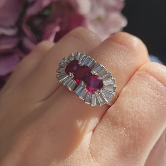 Vintage 1940s Ruby and Baguette Diamond Cocktail Ring