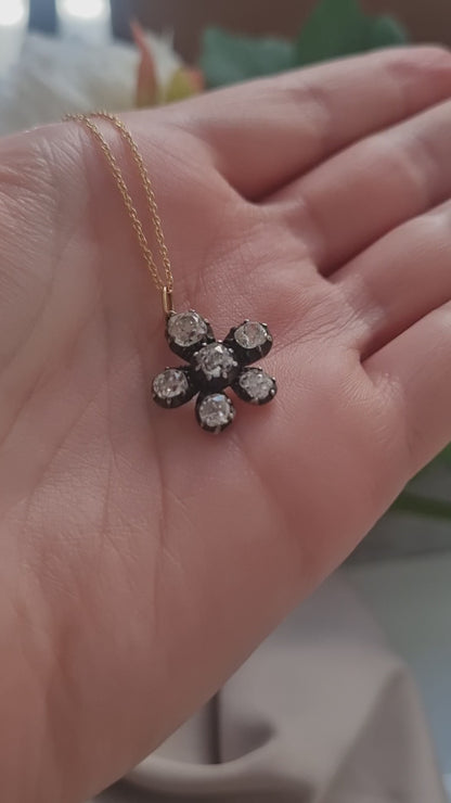 Antique 1.80ct Old Cut Diamond Flower Pendant with Chain