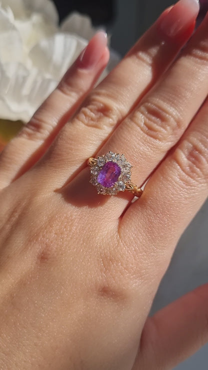 Victorian Antique Vivid Pink Sapphire and Old Cut Diamond Cluster Engagement Ring