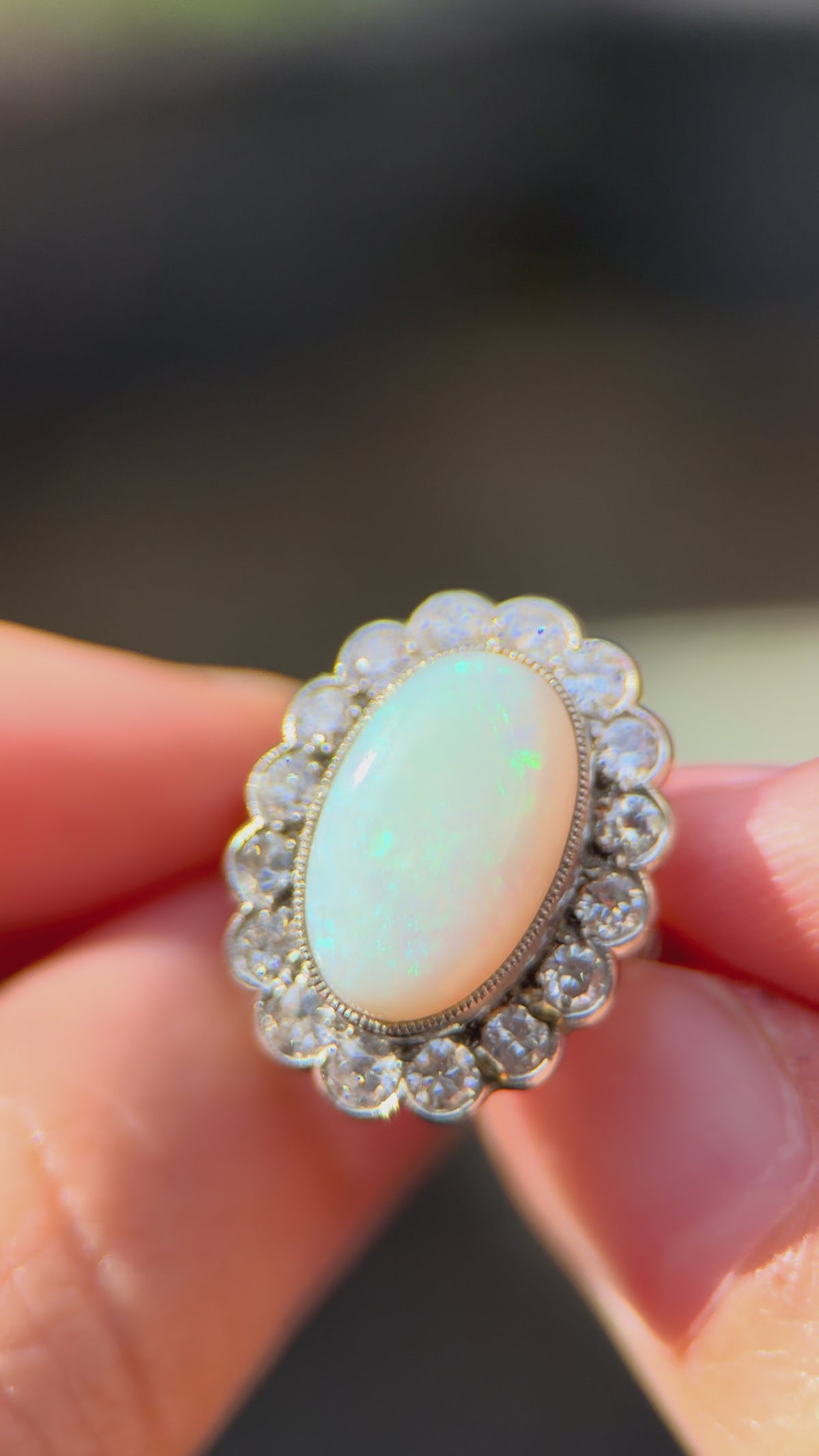 Vintage Opal Old Mine Brilliant Diamond Platinum Ring