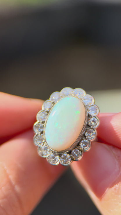 Vintage Opal Old Mine Brilliant Diamond Platinum Ring