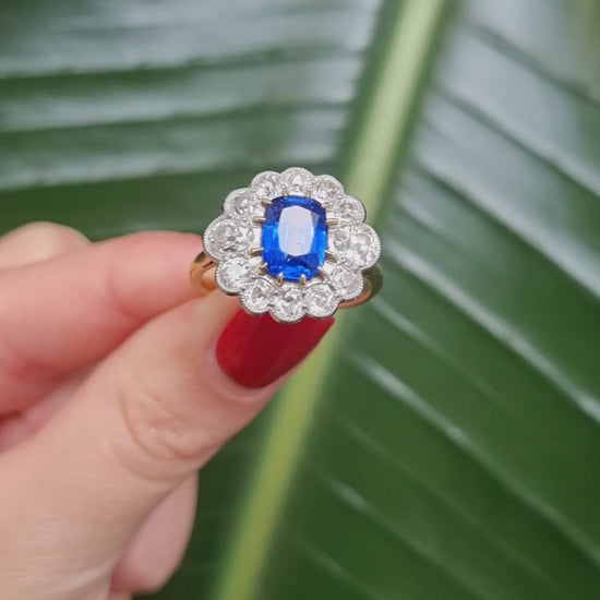 Antique sapphire and diamond ring Burma no heat large cluster oval shape 