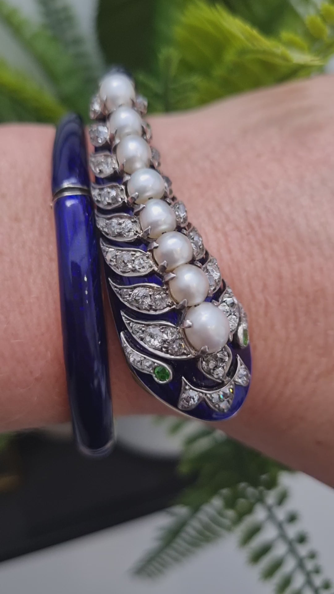 Victorian Antique Blue Enamel Pearl Diamond Set Gold Snake Bangle Bracelet