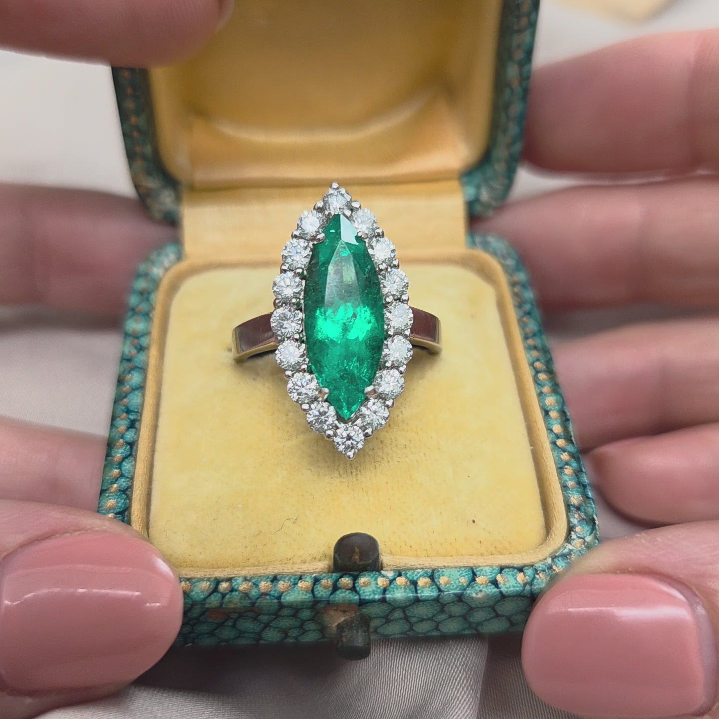 Vintage 5ct Marquise Emerald and Diamond Navette Cluster Ring in Platinum