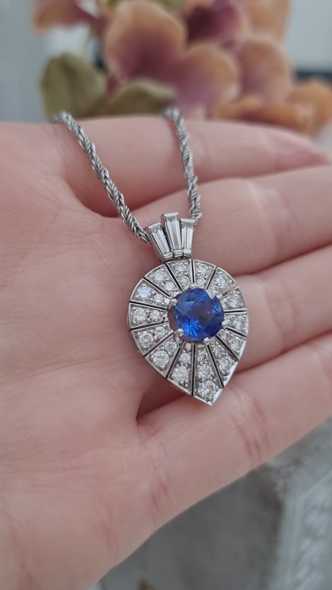 Art Deco Inspired Sapphire and Diamond Pear Shape Cluster Pendant
