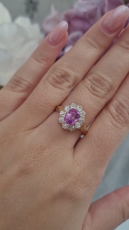 Victorian Antique Vivid Pink Sapphire and Old Cut Diamond Cluster Engagement Ring