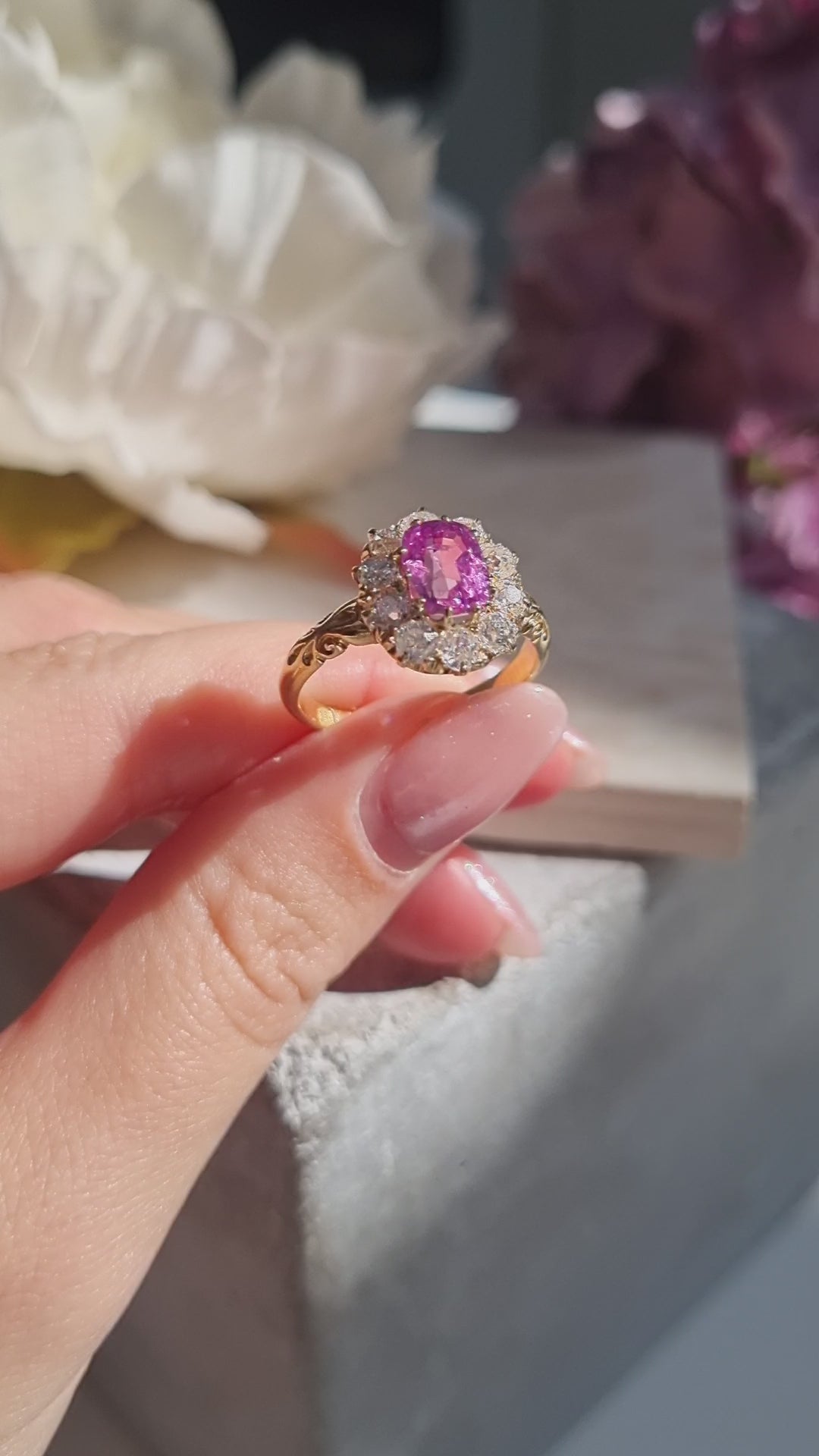 Victorian Antique Vivid Pink Sapphire and Old Cut Diamond Cluster Engagement Ring