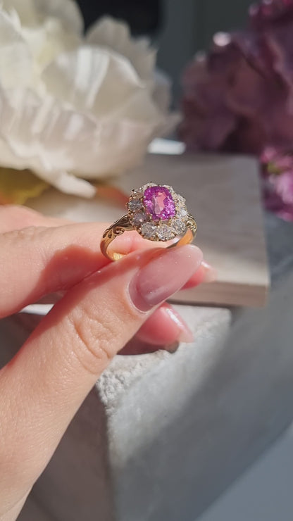 Victorian Antique Vivid Pink Sapphire and Old Cut Diamond Cluster Engagement Ring