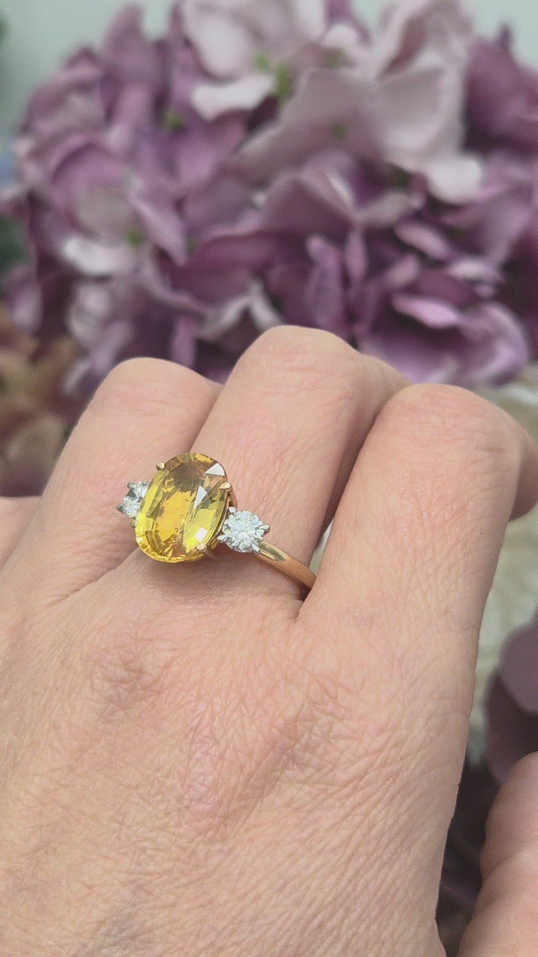 Oval Yellow Sapphire and Diamond Three Stone Engagement Ring