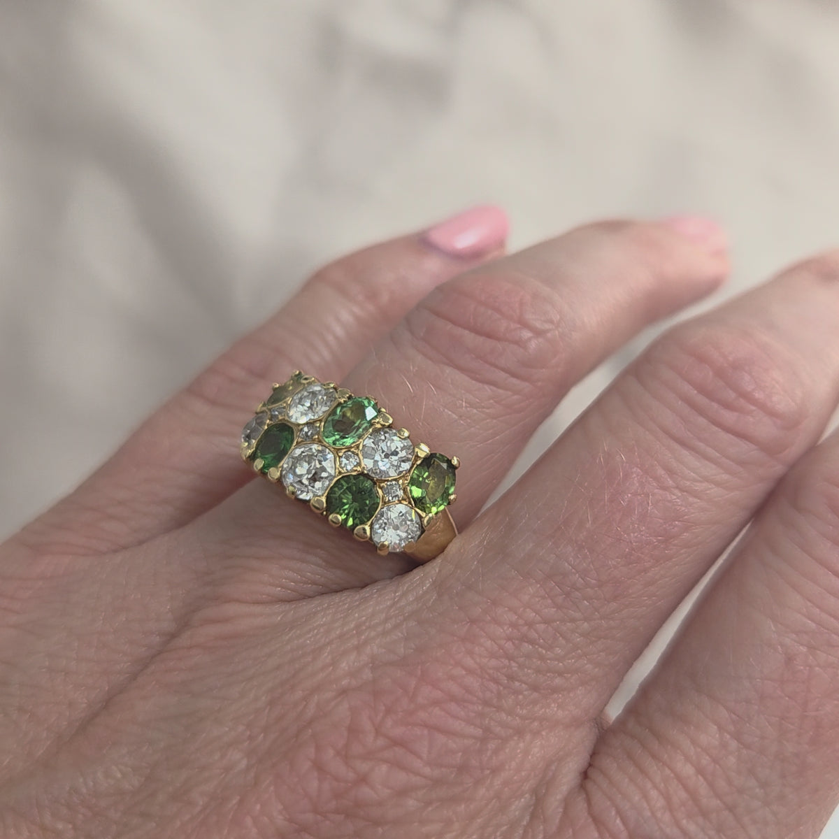 Old Cut Diamond and Green Garnet Double Row Five Stone Dress Ring Ring