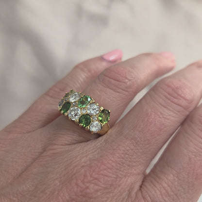 Old Cut Diamond and Green Garnet Double Row Five Stone Dress Ring Ring