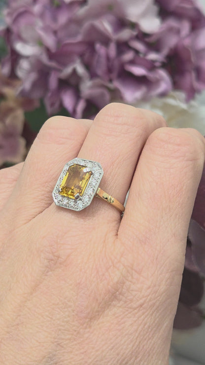 4.25ct Emerald Cut Yellow Sapphire and Diamond Cluster Engagement Ring