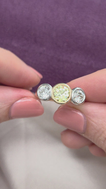 Edwardian Antique Yellow and White Diamond Three Stone Ring