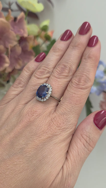 Art Deco 4.30ct Ceylon No Heat Sapphire and Diamond Cluster Engagement Ring