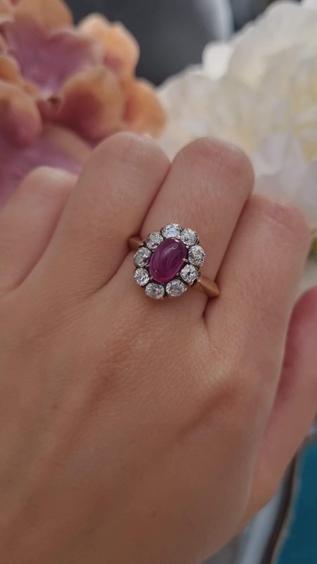 Victorian Antique Burma No Heat Cabochon Ruby and Old Cut Diamond Cluster Engagement Ring