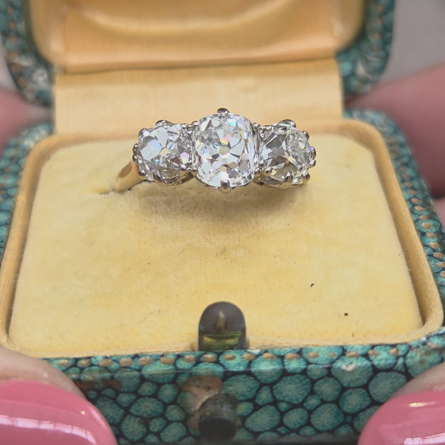 Antique 3.40ct Old Mine Cut Diamond Three Stone Engagement Ring