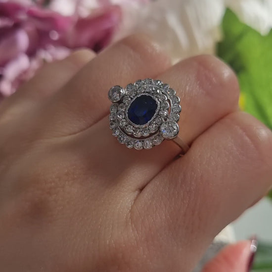 Antique French Sapphire and Diamond Double Cluster Ring