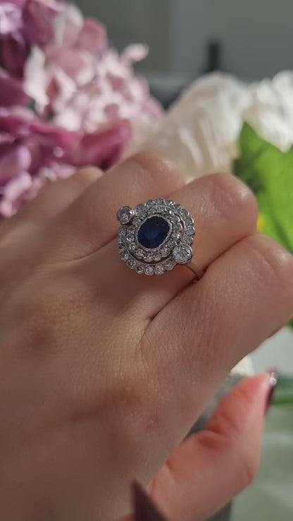 Antique French Sapphire and Diamond Double Cluster Ring