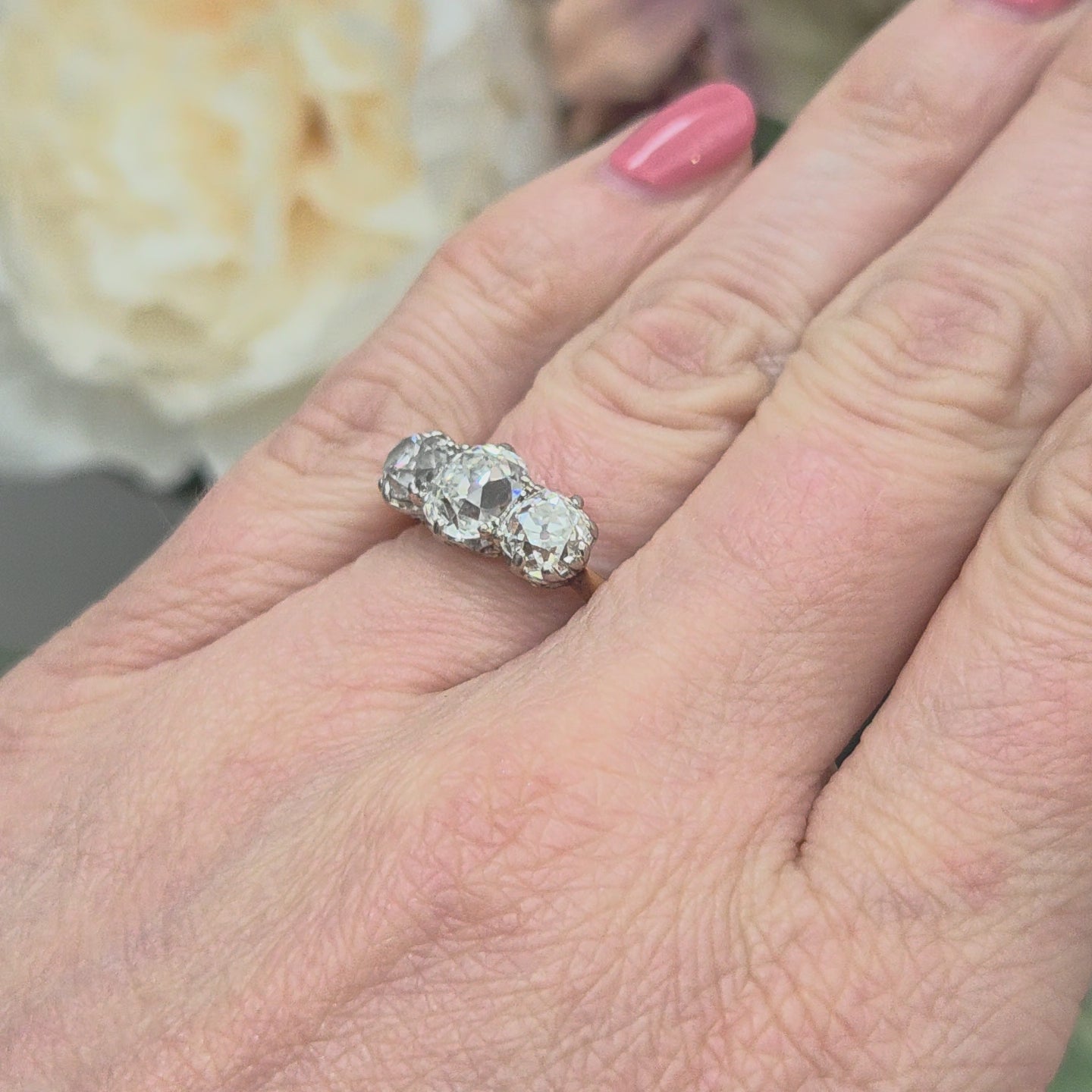 Antique 3.40ct Old Mine Cut Diamond Three Stone Engagement Ring