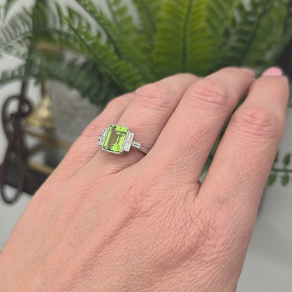 2.60ct Emerald Cut Peridot Ring with Baguette Diamonds in Platinum