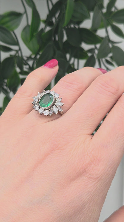 Vintage 2ct Emerald and Diamond Fancy Cluster Ring