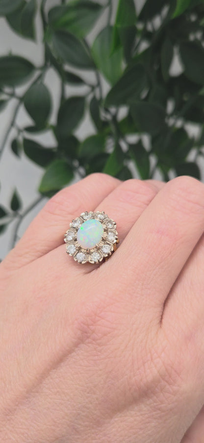 Vintage Opal and Diamond Oval Cluster Engagement Ring, 18ct Yellow gold.