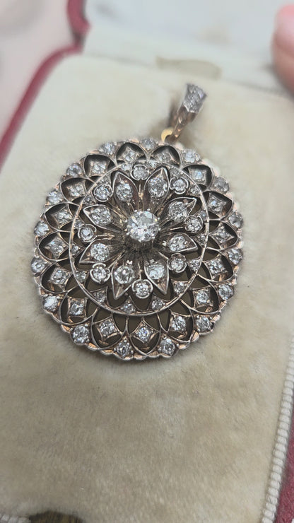 Victorian Antique 2.50ct Old Cut Diamond Oval Cluster Pendant-come-Brooch