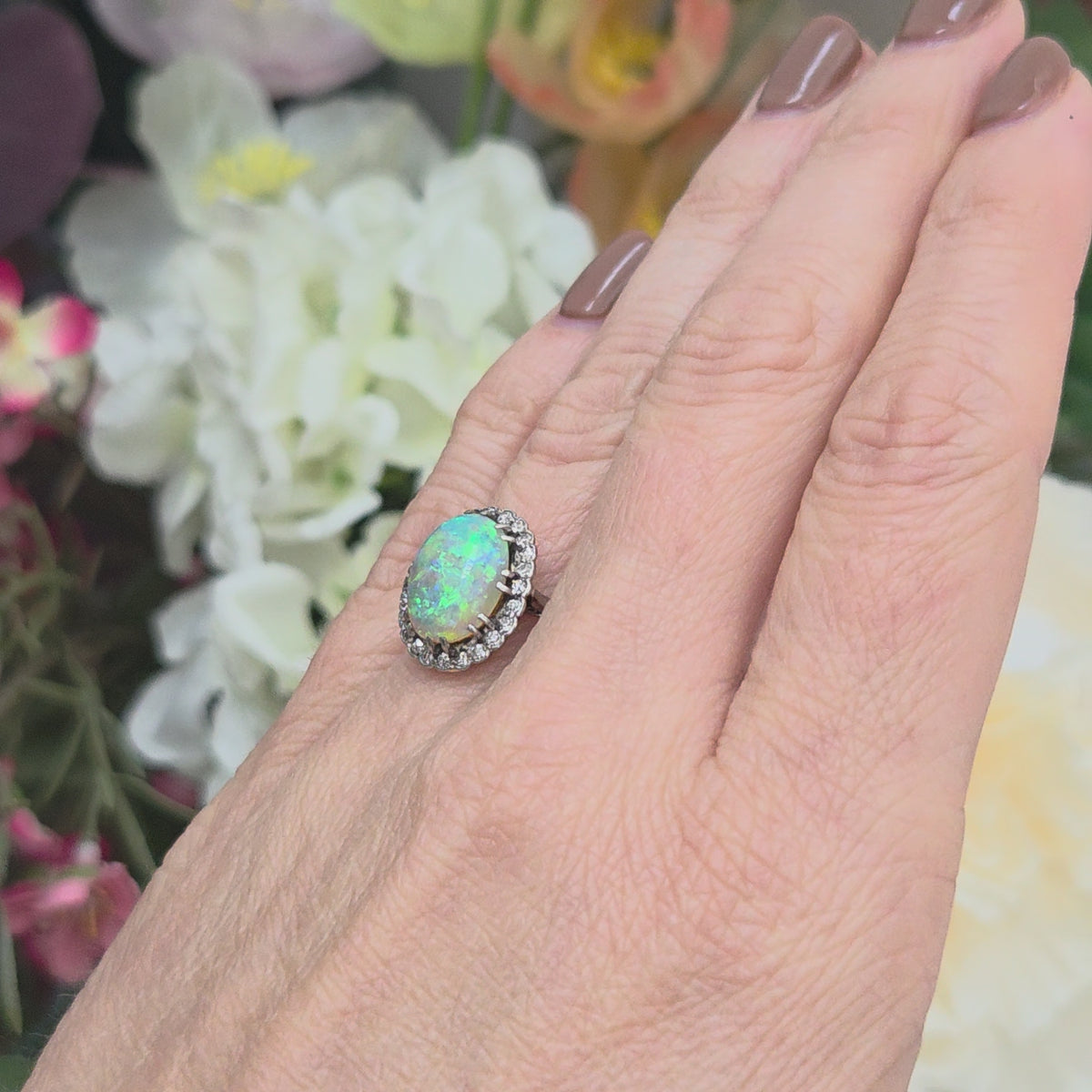 Edwardian Antique Opal and Diamond Cluster Ring