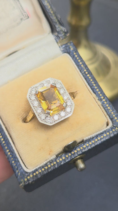 4.25ct Emerald Cut Yellow Sapphire and Diamond Cluster Engagement Ring