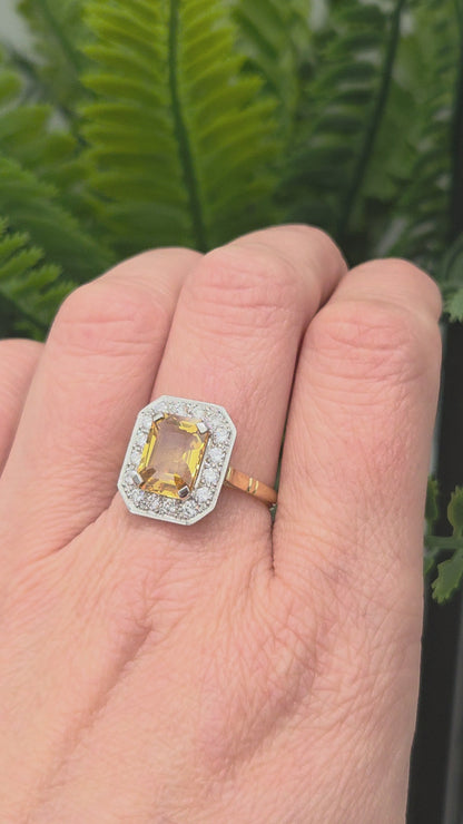 4.25ct Emerald Cut Yellow Sapphire and Diamond Cluster Engagement Ring