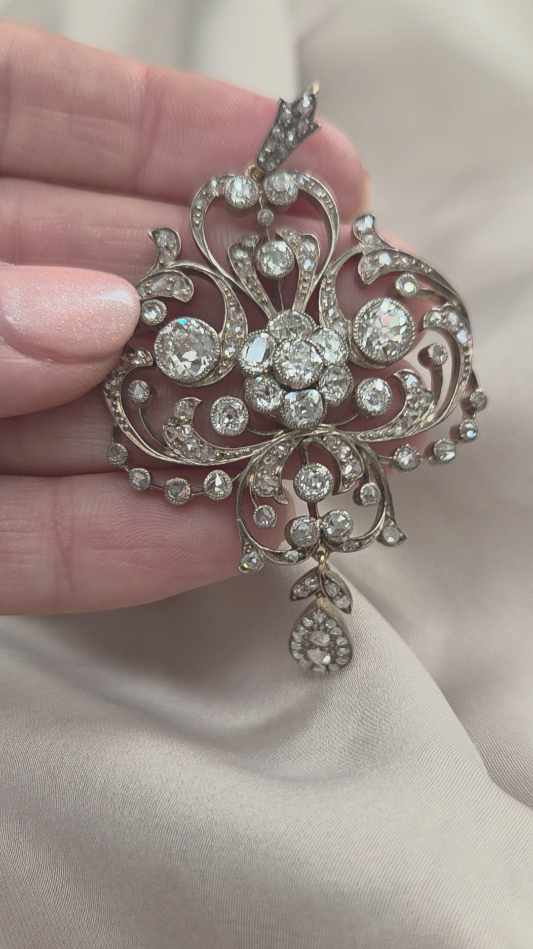Victorian Antique Old Cut Diamond Scroll Drop Pendant