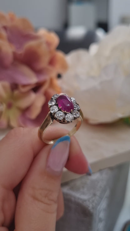 Victorian Antique Burma No Heat Cabochon Ruby and Old Cut Diamond Cluster Engagement Ring