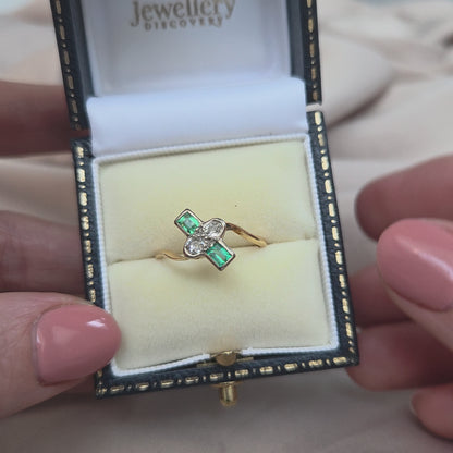 Edwardian Antique Emerald and Old Cut Diamond Toi et Moi Ring