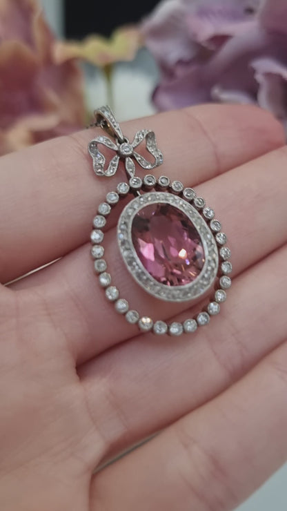 Edwardian Antique Pink Tourmaline and Diamond Cluster Bow Pendant