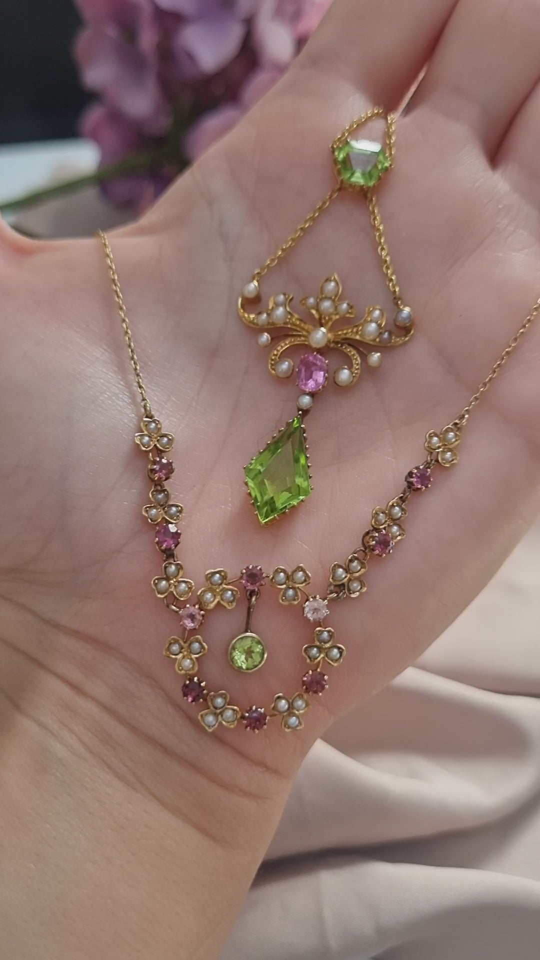 Edwardian Antique Peridot Tourmaline and Pearl Garland Festoon Necklace
