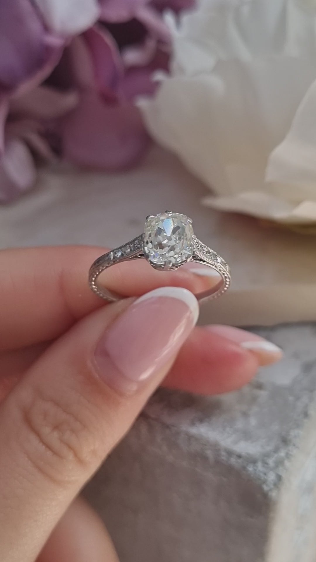 Edwardian Antique 1.52ct Single Stone Old Cushion Cut Diamond Solitaire Engagement Ring in Platinum