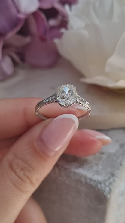 Edwardian Antique 1.52ct Single Stone Old Cushion Cut Diamond Solitaire Engagement Ring in Platinum