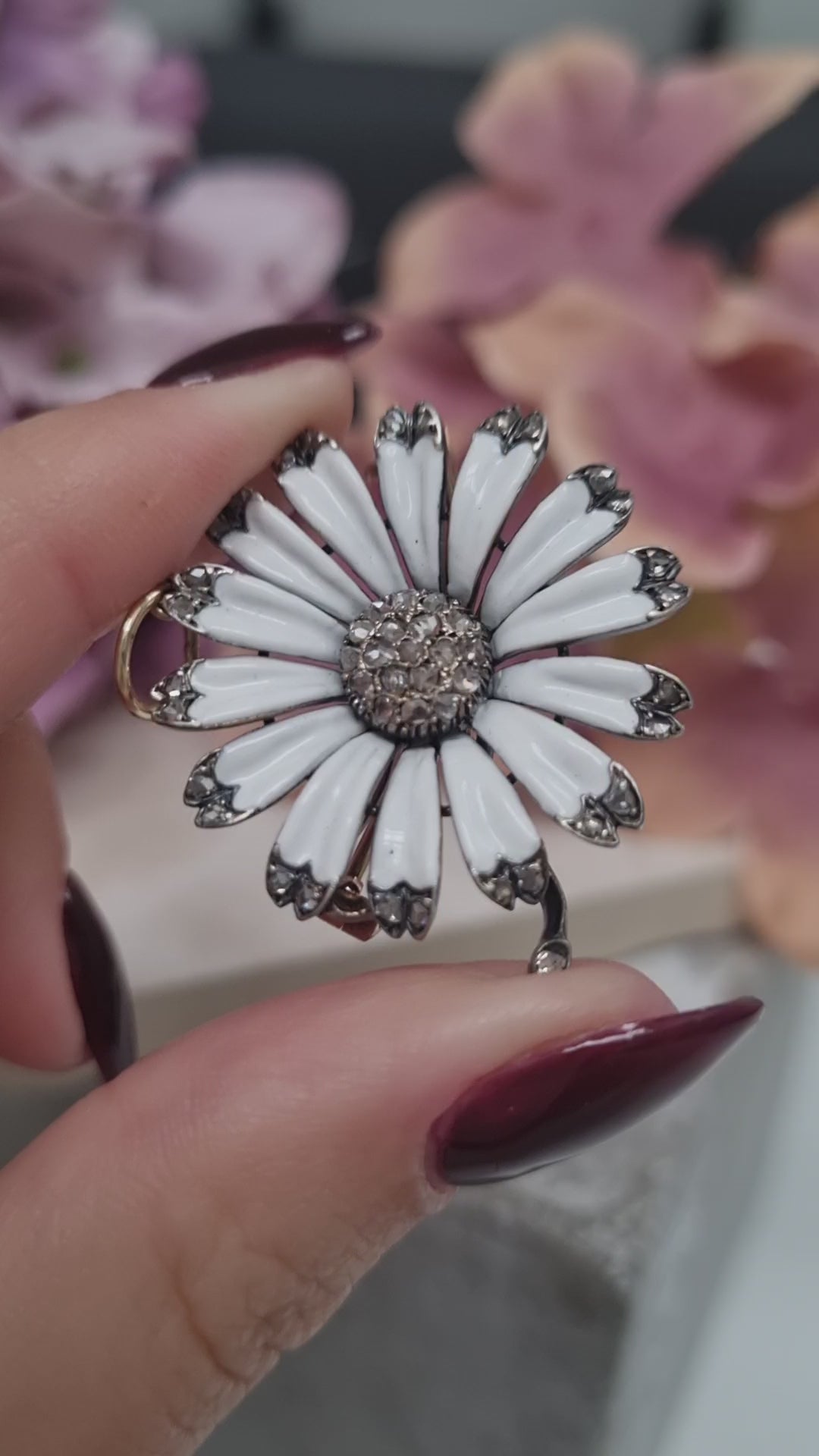Victorian 18 Carat Gold, Silver, Enamel and Diamond Flower Brooch/Pendant