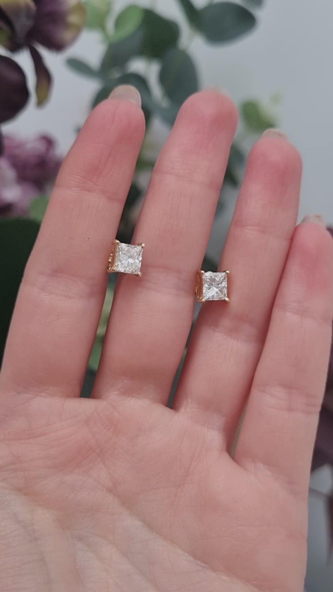 1.73ct Square Princess Cut Diamond Solitaire Stud Earrings in Yellow Gold