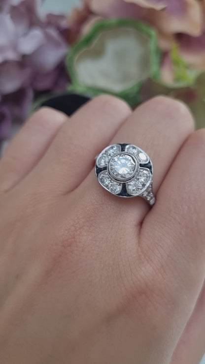Art Deco French Diamond and Sapphire Target Cluster Engagement Ring in Platinum