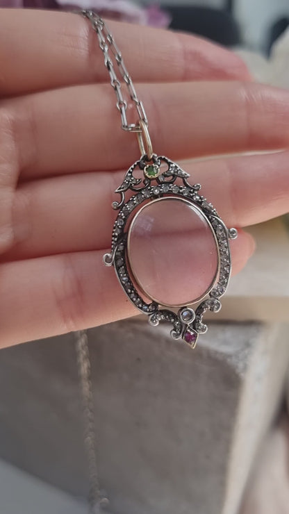 Victorian Antique Rock Crystal and Rose Cut Diamond Cluster Locket Pendant with Emerald and Ruby