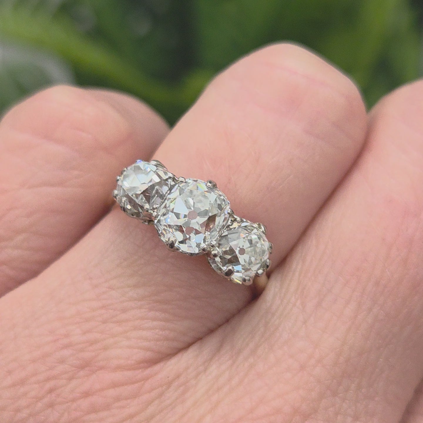 Antique 3.40ct Old Mine Cut Diamond Three Stone Engagement Ring
